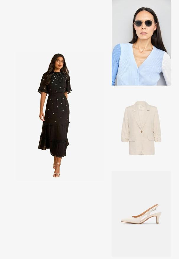 Svijetlosmeđi laneni sako s reverima, zatvaranjem na jedan gumb i naboranim 3/4 rukavima. Ima dva prednja džepa.; Crna haljina s višeslojnom konstrukcijom, kratkim volanastim rukavima i srebrnim detaljima. Izrađena od teksturiranog materijala, s naglascima od volana.; Bijela slingback peta s oštrim vrhom, glatkim gornjim materijalom, niskom blok peta te dizajnom s bočnim izrezom i podešivom kopčom.; Ok Runde sunčane naočale s tamnim staklima i zlatnim okvirom. Model nosi svijetloplavi rebrasti kardigan s gumbima i kontrastnim bijelim rukavima.; Michael Kors novčanik na zapešću u bež premazanoj tkanini s ponavljajućim uzorkom MK loga, zlatnim hardverom i odvojivim lancem za nošenje.