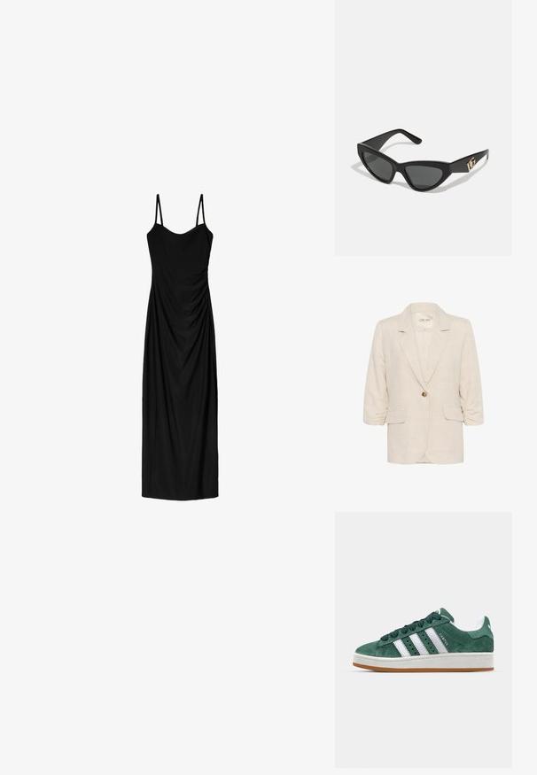 Lichtbeige linnen blazer met een notch-kraag, enkele knoopsluiting en gerimpelde 3/4 mouwen. Bevat twee voorkruiszakken.; Zwart midi-jurk met dunne verstelbare bandjes, voorzien van een gedrapeerd ontwerp en een gladde textuur. Geen zichtbare patronen of versieringen.; Groene suède sneaker met witte leren strepen, rubberen zool, gepolsterde kraag en een minimalistisch ontwerp. Bevat merkbranding aan de zijkant.; Cat-eye zonnebrillen met een matte zwart plastic frame, donkere lenzen en een gouden logo-accent op de poot. Hoekig ontwerp en een soepele textuur.; Bruin leren schoudertas met logo-patroon, gouden kettingband, ritsluiting en gouden hardwareaccenten. Compacte en rechthoekige vorm.