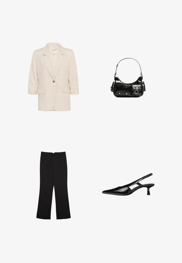 Hellbeige Leinenblazer mit einem Reverskragen, einreihiger Knopfverschluss und gerafften 3/4-Ärmeln. Verfügt über zwei vordere Taschen.; Schwarzes Tanktop aus Baumwolle mit rundem Halsausschnitt und weiten Armöffnungen. Glatte Textur mit genähten Säumen. Klassisches, minimalistisches Design.; Schwarze Hose mit geradem Schnitt, ausgestattet mit Fronttaschen und Seitenschlitzen am Saum. Hergestellt aus weichem, glattem Stoff. Geeignet für verschiedene Anlässe.; Schwarze Lackleder-Slingback-High Heels mit spitzer Zehenform, ausgeschnittenem Seitendesign und kleinem Blockabsatz. Glatte Textur mit minimalen Akzenten.; Schwarze Lackleder-Handtasche mit geschwungenem Design, einem Schulterriemen, Vordertaschen und silberfarbenen Hardware-Akzenten.