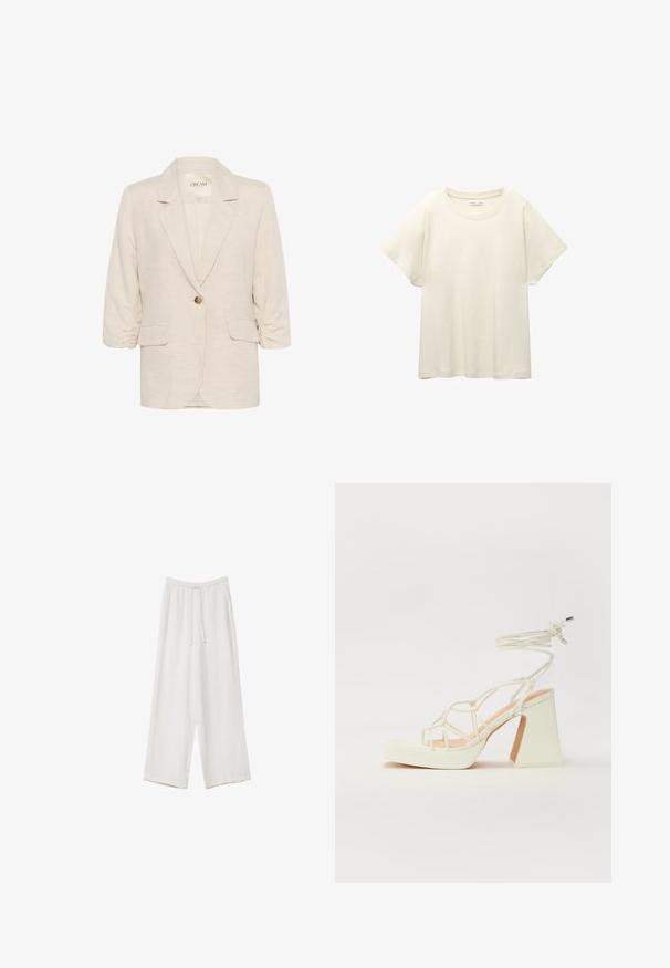 Blazer in lino beige chiaro con colletto a revers, chiusura a singolo bottone e maniche 3/4 gatherate. Presenta due tasche frontali.; Maglietta a maniche corte beige chiaro con scollatura rotonda, realizzata in un tessuto morbido e liscio. Presenta una vestibilità comoda e un orlo dritto.; Pantaloni a gamba larga bianchi realizzati in un tessuto leggero. Presentano una vita elastica con cordoncino e tasche laterali. Texture liscia.; Sandalo bianco con tacco alto, caratterizzato da un design a cinturini e un legaccio alla caviglia. Texture liscia con una piattaforma frontale per un'altezza aggiuntiva.