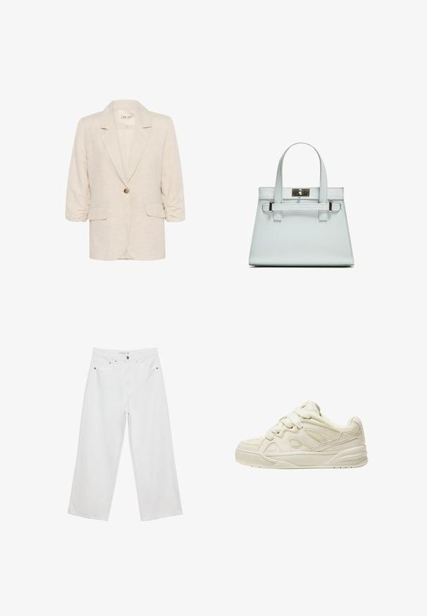 Svetlo bež laneni sako z izrezom, zapiranje na en gumb in nagubanimi 3/4 rokavi. Ima dve sprednji žep.; Bela kratka majica s kratkimi rokavi iz bombaža. Ima okroglo izrezovanje in sproščen kroj. Gladka tekstura brez vidnih vzorcev ali poudarkov.; Bele široke hlače iz denima, visoke pasu, z petimi žepi in kovinskimi dodatki. Gladek tekstur, brez vidnih vzorcev.; Bež tenisice z teksturirano zgornjo površino, izrazitimi vezalkami, mrežastimi paneli in debelim podplatom. Ukrivljena zasnova z oblazinjeno ovratnikom za udobje.; Svetlo modra torbica z oblikovano zasnovo, dvema ročkama in kljuko iz srebrno-toniranega materiala. Teksturni material in ostri koti.
