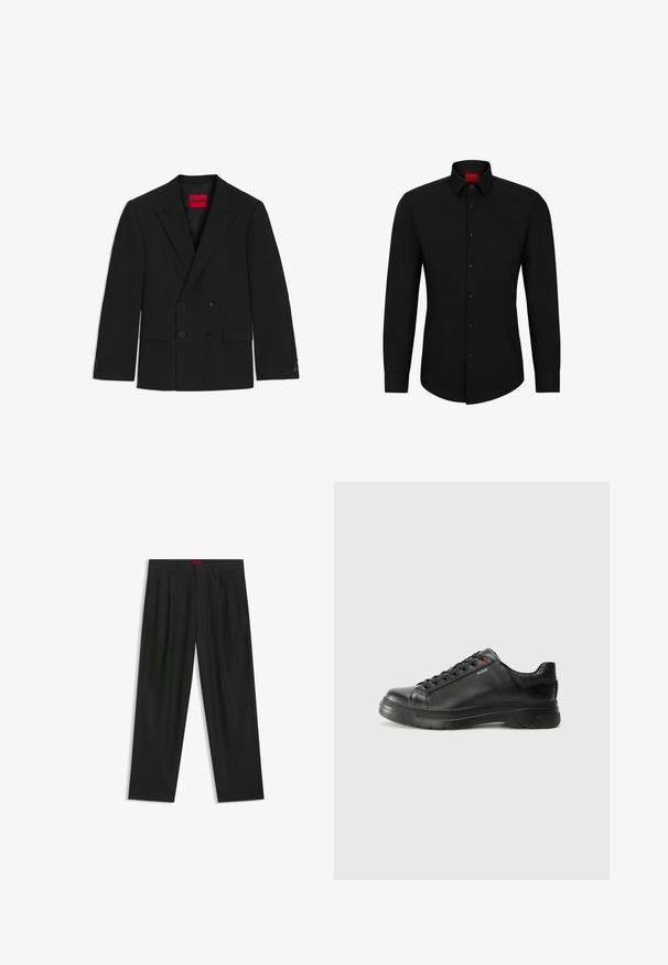 Czarny dwurzędowy żakiet wykonany z gładkiego materiału, z wyskokimi klapami, dwiema przednimi kieszeniami i czarnymi guzikami. Jasnoczerwona metka wewnątrz.; Czarna koszula z długim rękawem, z zapinaniem na guziki z przodu, klasycznym kołnierzykiem i zaokrąglonym dołem; posiada czarne guziki i czerwone logo wewnątrz kołnierzyka.; Czarne spodnie o plisowanym wzorze, szerokim kroju nogawek i gładkiej fakturze. Posiadają czerwony metek w pasie.; Czarne skórzane sneakersy z teksturowaną cholewką, miękkim kołnierzem i czerwonym logo. Posiadają grubą gumową podeszwę z wyraźnym wzorem bieżnika.