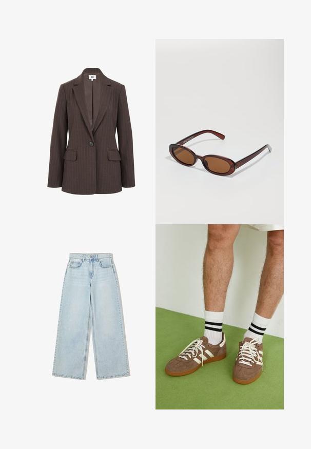 Barna csíkos blézer, kerek hajtókával, egy gombos záródással és két elülső zsebbel. Simító belső bélés sötétebb árnyalatban.; Hosszú ujjú felső krém színű anyagból, enyhe redőzéssel az oldalakon és klasszikus gallérral. Sima textúra, egyszerű kialakítás.; Világoskék, bő szárú farmernadrág, magas derékkal, öt zsebes kialakítással és a varrások mentén látható díszítéssel.; Barna velúr sportcipő fehér díszítéssel és fűzővel. Gumi talp. Fehér zoknival viselve, fekete csíkokkal. Zöld, textúrázott padló.; Kerek, barna árnyalatú napszemüveg fényes burgundi kerettel. Karcsú karok diszkrét márkázással. Lapos lencse kialakítás.; Barna szőtt bőr kézitáska, amely laza, háromszög alakú. Fonott füllel és felső cipzárral rendelkezik.