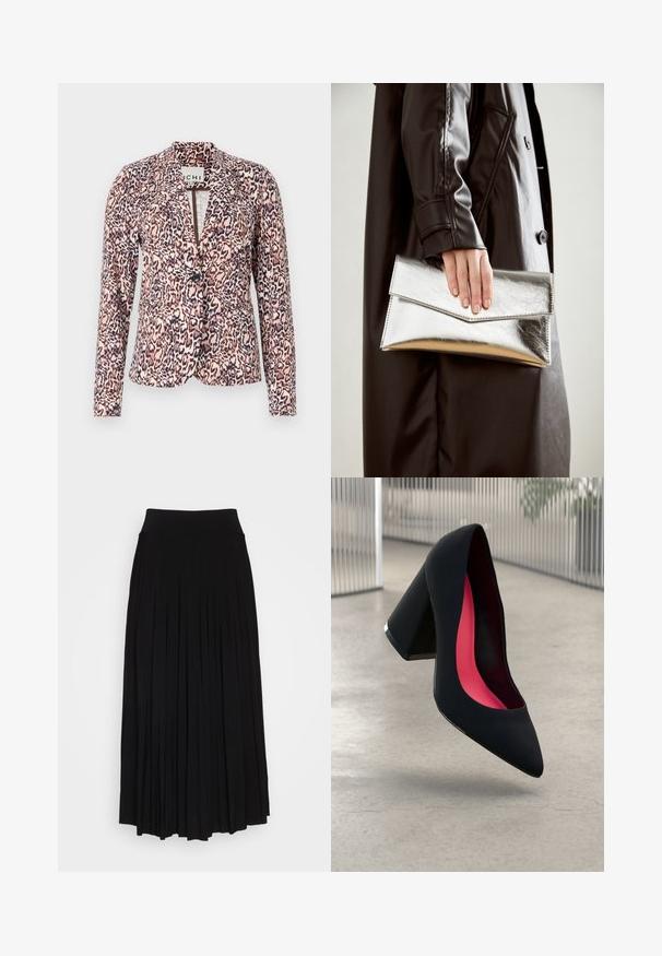 Blazer com padrão de leopardo em tons de rosa e bege, com fecho de um único botão, ajuste slim e mangas longas. Tecido suave com design estruturado.; Suéter de gola alta preto feito de um tecido de malha suave, com mangas longas e uma silhueta ajustada, apresentando um colarinho e bainha canelados.; saia preta plissada com uma cintura alta e elástica. Feita de um tecido macio, com plissados verticais que criam uma silhueta fluida.; Sapato de salto alto preto com bico puntiagudo, superfície texturizada e um interior vibrante em rosa. Apresenta um salto grosso com detalhe em prata.; Clutch metálica prateada com um design de envelope angular, textura suave e cor interior contrastante, segurada numa mão que veste um casaco preto.