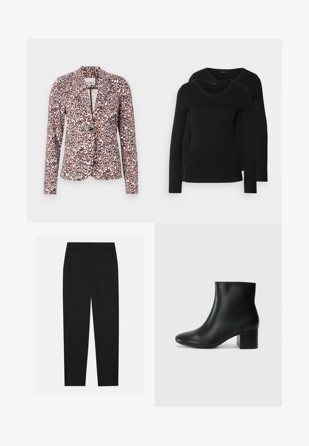 Leopard print blazer in pink and beige tones, featuring a single button closure, tailored fit, and long sleeves. Soft fabric with structured design.; Two black long-sleeve shirts with a V-neck design, made of soft, stretchy fabric, showing smooth texture and a fitted shape.; Black trousers with a tailored design, featuring side pockets and a straight leg. Made from smooth, lightweight fabric with a sleek finish.; Black leather ankle boots with a pointed toe and a chunky heel. Smooth texture with minimal accents and a sleek, fitted design.