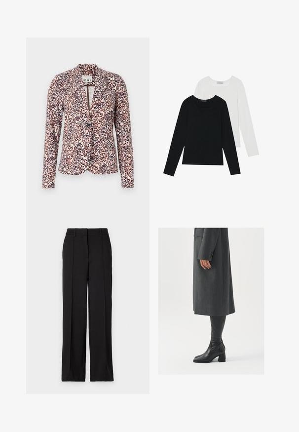 Leopárdmintás blézer rózsaszín és bézs árnyalatokban, egygombos záródással, testhezálló fazonnal és hosszú ujjakkal. Puha anyag, strukturált kialakítással.; Két hosszú ujjú felső, az egyik fekete, a másik fehér, mindkettő négyzet alakú nyakkivágással rendelkezik, és puha, rugalmas anyagból készült.; Fekete nadrág egyenes szárú kialakítással, két elülső pliszével, derékpánttal, látható zsebek vagy díszítés nélkül.; Szürke, szabott overál, egyenes vonallal; térd fölé érő fekete bőrcsizmákkal párosítva, négyzetes orral és vastag sarokkal.