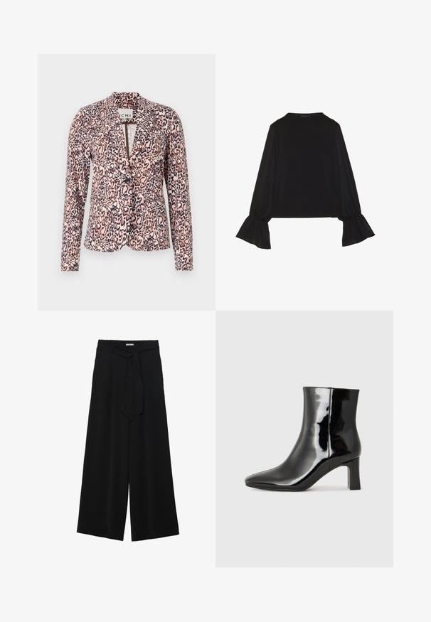 Blazer s leopard uzorkom u ružičastim i bež tonovima, s jednim gumbom, krojenog kroja i dugim rukavima. Mekani materijal sa strukturiranim dizajnom.; Crna majica dugih rukava s proširenim manžetama, mekanim materijalom i opuštenim krojem, s jednostavnim okruglim izrezom.; Crne široke hlače od teksturirane tkanine, s elastičnom pojasom i odvojivim remenom na struku za prilagodivo pristajanje.; Crne lakirane kožne gležnjače s šiljastim prstom i srednje visokom blok petom. Glatka tekstura i minimalistički dizajn.