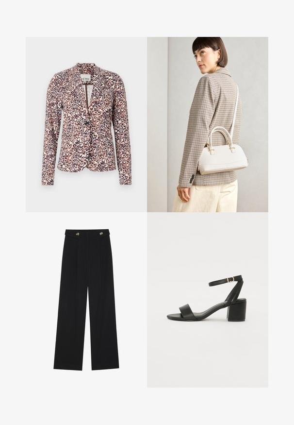 Blazer z leopardskim vzorcem v roza in bež odtenkih, ki ima enojno zapiranje, krojen kroj in dolge rokave. Mehak material z strukturirano zasnovo.; Rjava kratka majica s kratkimi rokavi iz mehkega materiala, s krožnim izrezom in ohlapnim krojem. Brez vidnih vzorcev ali dodatkov.; Črne široke hlače s visokim pasom, gumbnimi detajli na pasu in sprednjimi gubami.; Črne sandale na peto z gladkim usnjenim zgornjim delom, odprtim nosom, širokimi sprednjimi trakovi in nastavljivim gležnjenčkom z zlatim zaponko.; Bela strukturirana torba z kratkimi ročaji in naramnim trakom, z zlatimi okrasnimi elementi in teksturiranim materialom, prikazana na sivi podlagi.