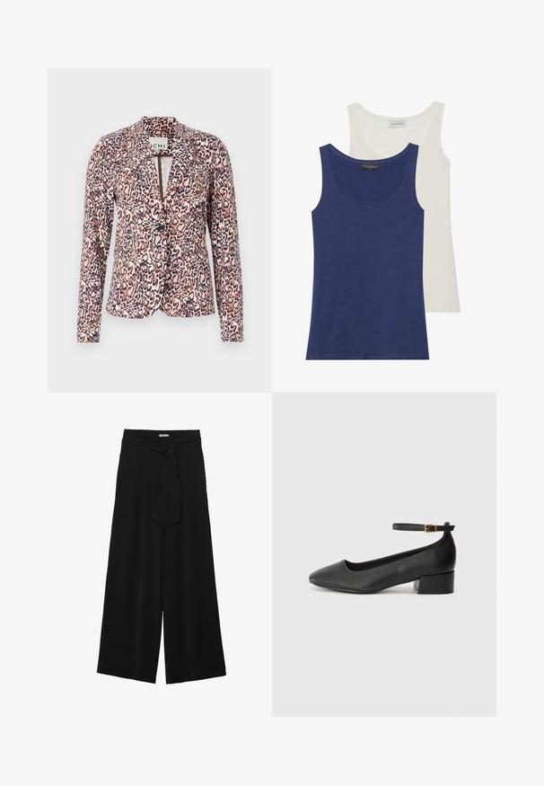 Fleekleopardimustriga bleiser roosa ja beeži tooni, mis on varustatud ühe nööbiga kinnitusega, kohandatud lõikega ja pikkae käistega. Pehme kangas struktureeritud disainiga.; Kaks tanki: üks tumesinine ja teine kreemikasvalge. Mõlemal on ümardatud kaelus, pehme tekstuur ja lihtne disain. Brändi silt nähtav peal.; Mustad laiad püksid, millel on tekstureeritud kangas, elastne vöökoht ja eemaldatav pael vööst, et reguleerida sobivust.; Must mustaapp, millel on terav nina ja madal blokk-kand. Omab pahkluu rihma koos kuldse tooni pandlaga. Sile tekstuur.