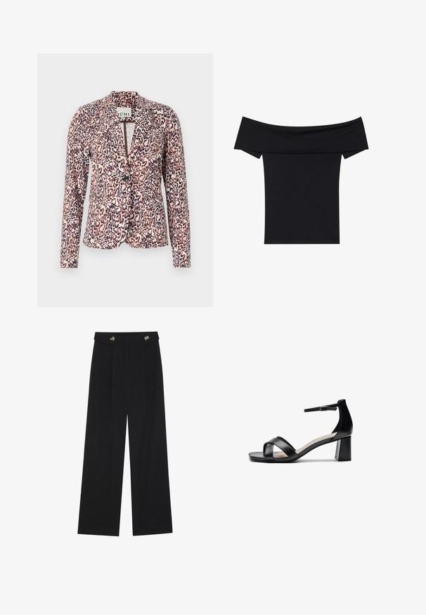 Leopardų rašto švarkas rožinės ir kreminės spalvų derinyje, su vieno mygtuko užsegimu, pritaikyta siluetu ir ilgomis rankovėmis. Minkšta medžiaga su struktūrizuotu dizainu.; Juoda off-the-shoulder palaidinė, pagaminta iš minkštos elastingos medžiagos. Savybės: trumpi rankovės ir prigludusi siluetas. Paprastas, vientisas dizainas.; Juodi plačios kojos kelnės su aukštu liemeniu, sagų detalėmis ant liemens ir priekinėmis raukšlėmis.; Juodos atviros pirštų aukštakulnės šlepetės su kryžminėmis dirželiais, reguliuojamu kulkšnies dirželiu ir masyviu kulnu, pasižyminčios lygaus odos tekstūra.