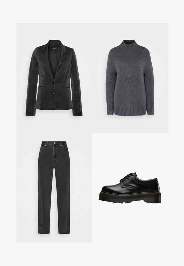 Svart blazer med teksturert stoff, enkelt knappestopp, to frontlommer, og en klassisk krage-design, med en glatt indre foring.; Grå strikket genser med høy ribbestrikket krage og lange ermer, som har en myk tekstur og ribbestrikket kant for ekstra detaljer.; Sorte denim jeans med høy midje, rett ben, frontknapp og glidelås, og fem-lomme stil på en hvit bakgrunn.; Svarte lær snøresko med en tykk, taggete svart gummisåle og gule sømmer langs kanten, med en glatt overflate.