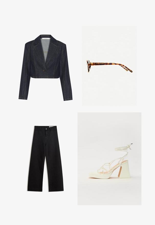 Skrajšani temno modri suknjič z ostrimi reverji, enojno gumbno zapiranje in kontrastne rumene šive. Gladka tekstura.; Svetlo bež kratkosleeven majica s okroglim ovratnikom, izdelana iz mehke, gladke tkanine. Ima sproščen kroj in raven rob.; Črne široke denim hlače z visokim pasom, ki imajo sprednje in zadnje žepe, šivane šive ter gumbasto zapiranje. Gladka tekstura.; Bela sandala na visokih petah s debelim petam, ki ima obliko trakcev in vezanje okoli gležnja. Gladka tekstura z platformo spredaj za dodatno višino.; Sončna očala iz želvosliva z debelimi okvirji, rahlo ukrivljenimi nogicami in gladko teksturo. Imajo klasičen dizajn z sijočim finišom.