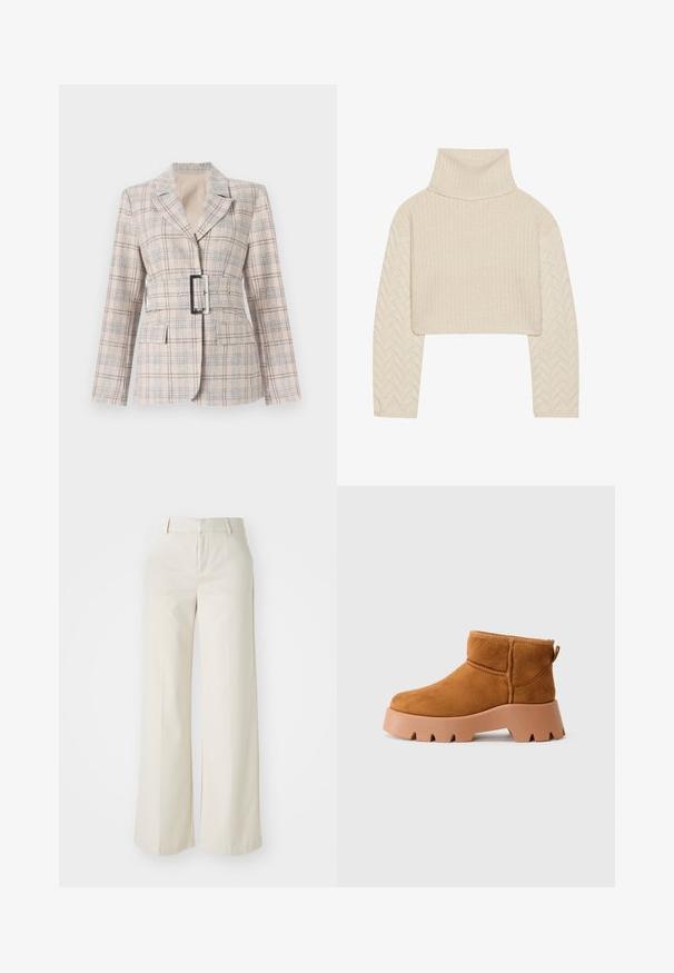 Bež karvane bleiser, millel on sobiv talje, suur must vööklamber, sakilised kraed ja kaks esikotti. Tekstuuriga kangas siniste aktsentidega.; Kreemi värvi lühike sviiter kõrge kaelusega, tekstuuriga kootud keha ja herringbone-mustriga varrukatega. Valmistatud pehmest lõngast.; Laiad püksid helesbežis värvitoonis, valmistatud siledast kangast. Omavad klassikalist vööd ja siledat fronti puhaste joontega.; Kollased nubuk nahast pahkluu saapad, millel on ümar varvas, tekstureeritud pruun tald ja tõmbeplaat. Omab õmblemise seam ja tugevat platvormi disaini.