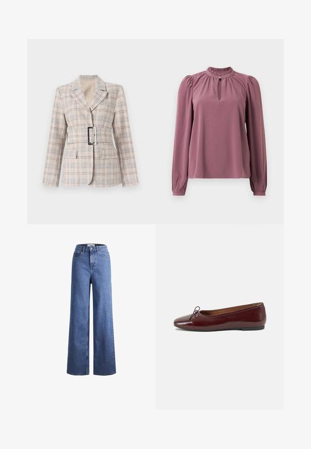 Beige kockás blézer szűkített derékkal, nagy fekete övcsattal, kivágott hajtókával és két elülső zsebbel. Texturált anyag kék részletekkel.; Hosszan ujjú mályva blúz, gyűrt gallérral, kislyukú nyakkivágással, gombos záródással és enyhén puffos vállakkal.; Világoskék, széles szárú farmernadrág magas derékkal, két elülső zsebbel és látható varrással. Gombos és cipzáros záródás.; Burgundi lakkbőr balettcipő kerek orral, elöl kis masni díszítéssel és alacsony, fekete gumi talppal. Simára csiszolt felület.