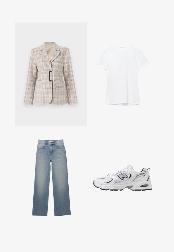Beige Karo-Blazer mit taillierter Passform, großer schwarzer Gürtelschnalle, Reverskragen und zwei vorderen Taschen. Strukturiertes Material mit blauen Akzenten.; Weißes T-Shirt mit kurzen Ärmeln aus glatter Stoffqualität, mit rundem Ausschnitt und dezenten Nähten am Saum.; Helle blaue weit geschnittene Jeans aus Denim mit hoher Taille, vorderen Taschen und einem Knopfverschluss. Glatte Textur mit ausgewaschenen Stellen.; Weißer Sportschuh mit Mesh-Obermaterial, navyblauen Akzenten und gepolsterter Sohle. Verfügt über das "N"-Logo, Schnürsenkel und eine strukturierte Detailverarbeitung an der Seite.