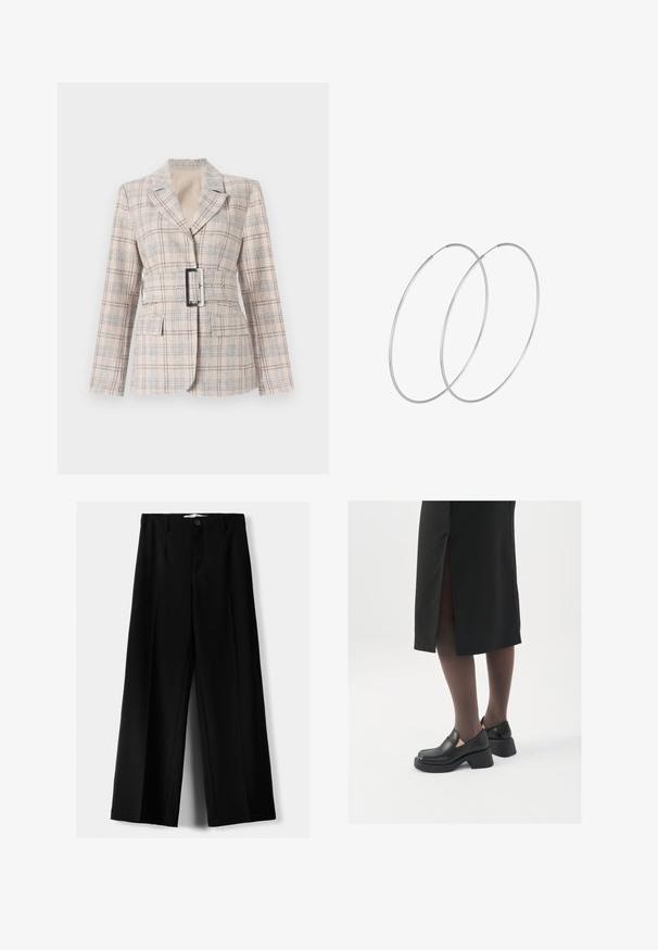 Beige Karo-Blazer mit taillierter Passform, großer schwarzer Gürtelschnalle, Reverskragen und zwei vorderen Taschen. Strukturiertes Material mit blauen Akzenten.; Zwei ärmellose, gerippte Rollkragenoberteile in Schwarz und Weiß, mit einer figurbetonten Passform und glatter Textur sowie einer cropped Länge.; Schwarze weite Hosen aus leichtem Stoff, mit einem Knopfverschluss vorne und flachem Bund, mit sorgfältig genähten Säumen.; Schwarze Lederschuhe mit abgerundetem Zeh, dicker Blockabsatz und elastischen seitlichen Akzenten, kombiniert mit dunklen Strumpfhosen und einem schwarzen Rock mit Schlitz.; Silberne Creolen mit minimalistischem Design. Rundform, glatte Oberfläche und dünnes Profil. Leichtgewichtig mit hochglänzender Oberfläche.