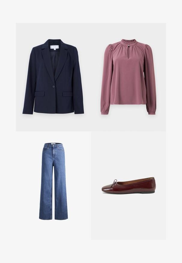 Tumesinine bleiser koos nööpidega krae, ühe nööbi sulgemise ja kahe esikotiga, valmistatud siledast kangast. Kohandatud lõige ja pikad varrukad.; Pika-sleeve lillebluu, millel on kogutud krae, võtmeaugu dekoltee nööpide kinnitusega ja veidi puhvne õlavarred.; Heled sinise denimist laiad jalad, kõrgema talje ja kahe eesmise taskuga, nähtavate õmblustega. Omab nuppu ja luku sulgemist.; Burgundi patendnahk kingad balletitüüpi, ümmarguse ninaosa, ees väike paelaaktsent ja madal must kummist tald. Sile tekstuur.