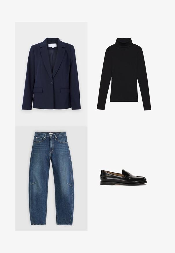 Marineblauwe blazer met een geknipt revers, enkele knoopsluiting en twee voorzakken, gemaakt van gladde stof. Getailleerde pasvorm met lange mouwen.; Zwarte turtleneck met lange mouwen, gemaakt van ribbelstof, heeft een aansluitend ontwerp met een hoge hals en geen patronen of accenten.; Donkerblauwe denim jeans met een recht afgesneden ontwerp, voorzien van voorzakken, contrasterende stiksels en een subtiele vervaagde textuur op de broekspijpen.; Zwarte leren loafer met een ronde neus, instapontwerp en subtiele stiksels langs de bovenkant. Platte rubberen zool.