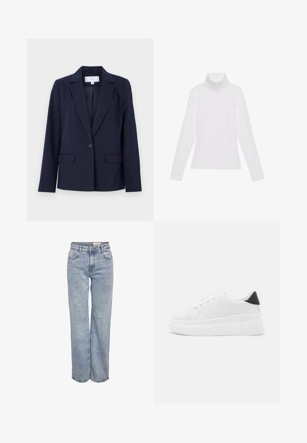 Marineblå blazer med struktureret revers, enkelt knaplukning og to forlommer, lavet af glat stof. Skræddersyet pasform med lange ærmer.; Hvid langærmet turtle-neck top lavet af glat, strækbart stof. Har en høj krave og tætsiddende design, uden synlige mønstre eller udsmykninger.; Lyseblå vidde jeans lavet af denim, med høj talje, fem-lomme design og subtil falmning for et slidt look.; Hvide platform sneakers lavet af glat syntetisk materiale, med en afrundet tå, snørebåndsdesign og en struktureret gummisål. Sorte hæl akcent.