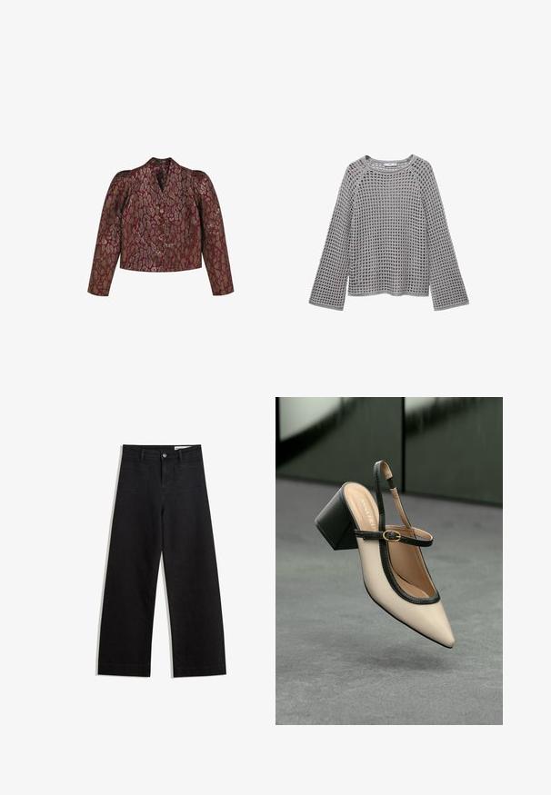 Burgundy jacquard jacket with gold and silver animal print, structured shoulders, long sleeves, and a front button closure.; Gray knitted sweater with a loose, open weave design, round neckline, and long sleeves that flare at the ends. Textured fabric throughout.; Black wide-leg denim pants with a high waist, featuring front and back pockets, stitched seams, and a button closure. Smooth texture.; Beige pointed-toe slingback shoe with black trim, gold buckle, and a chunky block heel on gray floor with dark green background.
