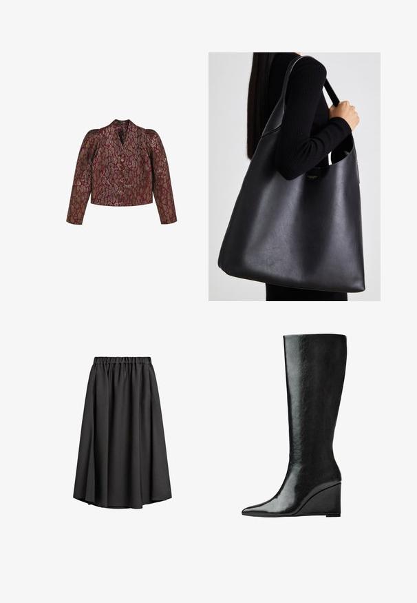 Burgundská jacquardová sako se zlatým a stříbrným zvířecím potiskem, strukturovanými rameny, dlouhými rukávy a předním zapínáním na knoflík.; Černý top s krátkým rukávem a kulatým výstřihem, zdobený sklady a přiléhavým tělem, které se na spodním okraji rozšiřuje. Vyrobeno z měkké látky.; Černá midi sukně vyrobená z lehkého, splývavého materiálu s elastickým pasem a mírně A-čkovým střihem. Bez viditelných vzorů nebo doplňků.; Černé kožené boty do půlky lýtek s úzkou, špičatou špičkou a klínovým podpatkem. Povrch je hladký s lesklým finišem.; Černá kožená taška přes rameno s hladkou texturou, nadměrným tvarem a jedním ramenním poprukem. Obsahuje zlatý logo akcent.