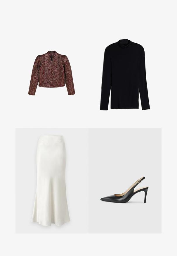 Chaqueta jacquard burdeos con estampado animal en dorado y plateado, hombros estructurados, mangas largas y cierre de botones en la parte delantera.; Top negro de manga larga con cuello tipo cowl, hecho de una tela suave y lisa; diseño ajustado con dobladillo recto y sin costuras visibles.; Falda midi de seda en blanco roto con dobladillo acampanado. Textura suave, cintura ajustada y detalles de costura sutiles en la parte superior.; Tacones altos negros de cuero con tirantes, punta afilada, correa ajustable y un elegante tacón de aguja, con un acabado suave.
