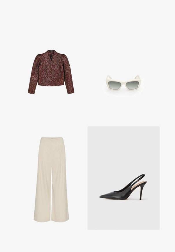Burgundy jacquard-takki, jossa on kultaiset ja hopeiset eläinkuoskit, rakenteelliset olkapäät, pitkät hihat ja edessä nappikiinnitys.; Valkoinen hihaton paita, jossa on V-pääntie, mustat hihnat ja hopeinen renkaallinen yksityiskohta. sileä kangas ja moderni, minimalistinen muotoilu.; Lepakka verkkohousut vaaleassa beigen kankaassa, joissa on laskokset, korkea vyötärö ja sileä rakenne ilman näkyviä koristeluja.; Musta nahkainen slingback-korkokenkä, jossa on teräväkärkinen muotoilu, sileä pinta ja huolellinen hihna, jossa on metallikuva.; Aurinkolasit, joissa on kissansilmämuotoilu, valkoiset muovikehykset, harmaasävyiset linssit ja ohuet templet, joissa on hienovarainen brändäysyksityiskohta.