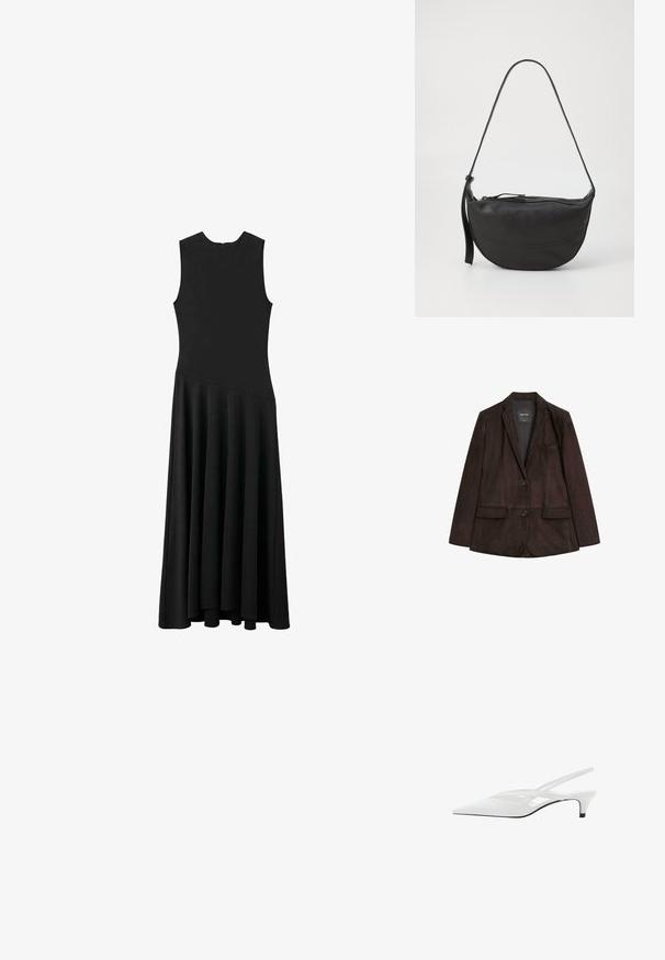 Brauner Wildlederblazer mit geknöpftem Revers, Ein-Knopf-Verschluss, zwei frontalen Taschen und einer Brusttasche. Glatte Textur und taillierte Form.; Schwarzes ärmelloses Maxikleid mit enger Passform im Oberteil und schwingendem Rock, ausgestattet mit einer glatten Textur und minimalistischem Design, ohne sichtbare Verschlüsse.; Weißer Slingback-Absatzschuh mit spitzer Zehenpartie, featuring ein glattes Obermaterial, subtile Ausschnitte und einen niedrigen Blockabsatz. Die schwarze Sohle betont das Design.; Schwarze Leder-Schultertasche mit geschwungener Form, einem einzelnen Tragegurt, Reißverschlussverschluss und dezenten Nähdetails entlang des Körpers.