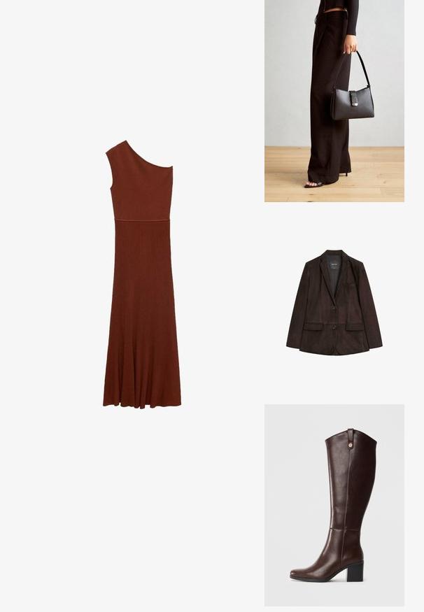 Bruine suede blazer met een notch-lapel, enkele knoopsluiting, twee voorzakken en een borstzak. Vloeiende textuur en op maat ontworpen.; Asymmetrische bruine ribbedress met ontwerp voor één schouder; aansluitende bodice die uitloopt in een brede rok. Glad textuur over de gehele lengte.; Bruine leren kniehoge laars met een blokhak, een gladde textuur, een ronde neus en decoratieve goudkleurige hardware aan de bovenkant.; Zwarte handtas met gestructureerde vorm, gladde textuur en een metalen sluiting. Gecombineerd met brede zwarte broeken en sandalen met open teen op een houten vloer.