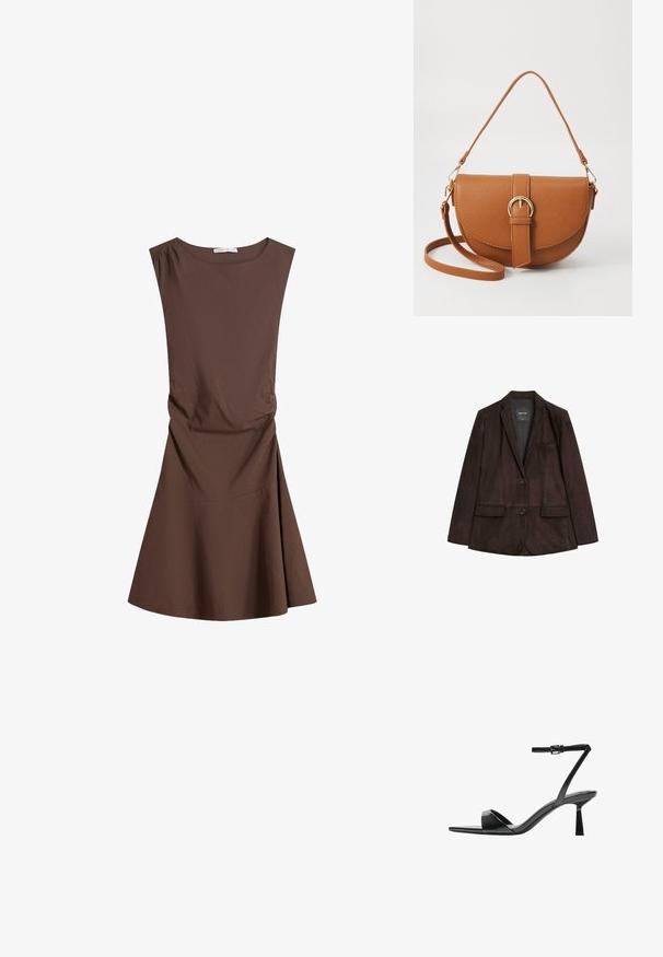 Brun ruskindsblazer med spor lapel, enkelt knaplukning, to forlommer og en brystlomme. Glat tekstur og skræddersyet design.; Ærmeløs brun knælang kjole med rund halsudskæring og let sidelægning, udvidet nederdel på ensfarvet hvid baggrund.; Bershka Højhælede sandaletter / Højhælede sandaler - black; Brun læder crossbody taske med en buet form, guldfarvet hardware og en spændeaccent. Har en aftagelig skulderrem.