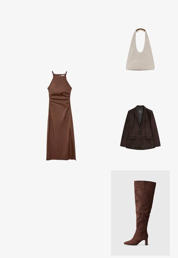 Bruine suede blazer met een notch-lapel, enkele knoopsluiting, twee voorzakken en een borstzak. Vloeiende textuur en op maat ontworpen.; Stradivarius HALTER - Etui-jurk - dark brown; Kastanjebruine kniehoge laars van zacht suèdemateriaal. Beschikt over een puntige neus en een gestapelde hak voor stabiliteit. Gladde, matte afwerking.; Lichtgrijze leren tas met een U-vormig ontwerp en een gebogen metalen handvat. Glad oppervlak met minimale stiksels en geen zichtbare patronen.