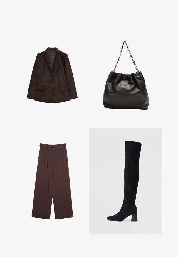 Brauner Wildlederblazer mit geknöpftem Revers, Ein-Knopf-Verschluss, zwei frontalen Taschen und einer Brusttasche. Glatte Textur und taillierte Form.; Dunkelgraues Kurzarmoberteil mit Bootsausschnitt. Hergestellt aus geripptem Stoff, mit lockerer Passform und sauberem Saum. Einfaches Design, ohne Muster.; Stradivarius WIDE-LEG WITH BUCKLE DETAIL - Stoffhose - dark brown; Schwarze Wildleder-Stiefel bis zum Knie mit Blockabsatz, spitzer Zehe und glattem, nahtlosem Design auf einem schlichten, hellen Hintergrund.; Braune Lederhandtasche mit gerafftem Oberteil und Kettenriemen. Glatte Textur mit glänzendem Finish und subtilen Nahtdetails an den Seiten.