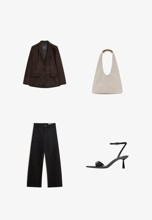 Blazer in suede marrone con rever a punta, chiusura a un bottone, due tasche anteriori e una tasca sul petto. Texture liscia e design su misura.; Maglietta bianca a maniche lunghe realizzata in tessuto a coste, con scollatura rotonda e orlo dritto. Design semplice e uniforme.; Pantaloni in denim neri a gamba larga con vita alta, dotati di tasche anteriori e posteriori, cuciture a punto, e chiusura con bottone. Texture liscia.; Bershka Sandali con tacco - black; Borsa in pelle grigio chiaro con design a forma di U e manico metallico curvo. Texture liscia con cuciture minime e senza motivi visibili.