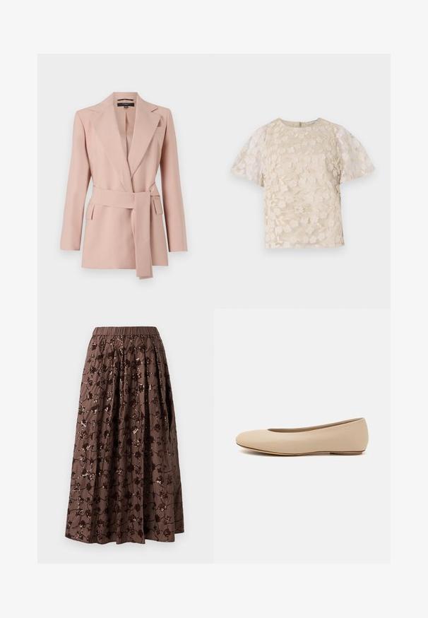 Roosa bleiser, millel on pehme lõige, lõigatud klapid, vöö, mis on ümber ja kaks küljetaskut. Valmistatud siledast kangast, millel on struktuurne disain.; Beez pluus lilleline tikand, läbipaistvad puffvarrukad, ümmargune kaelus ja tagumine lukuga sulgemine. Tekstureeritud lillemustriga esitahvel.; Pruun midi seelik elastse vöökoha ja lilledega kristallidega kaunistusega, plekitud disainiga ning sileda kangatekstuuriga.; Beeži nahk balletitossud ümarate varvastega, minimaalse õmbluse detailiga, madala kanna ja diskreetse logoga taga. Sile, mati tekstuur.