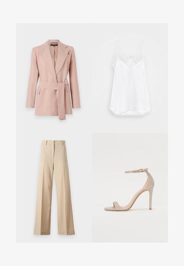 Růžový blazer v jemném odstínu s upraveným střihem, klopovými límci, zavinovacím páskem a dvěma bočními kapsami. Vyrobený z hladkého materiálu se strukturovaným designem.; Bílá tílko s výstřihem do V, tenkými ramínky, texturovanými krajkovými detaily na ramenou a zakřiveným lemováním. Hladká textura látky.; Beige široké kalhoty vyrobené z hladké tkaniny, s plochým předním dílem a záhyby, s zipovým zapínáním a poutky na pásek. Celkově střižené na míru.; Sandálky na vysokém podpatku s páskami v metalické růžové zlaté barvě, s texturovaným svrškem, otevřenou špičkou a řemínkem kolem kotníku s detailním zlatým sponou.