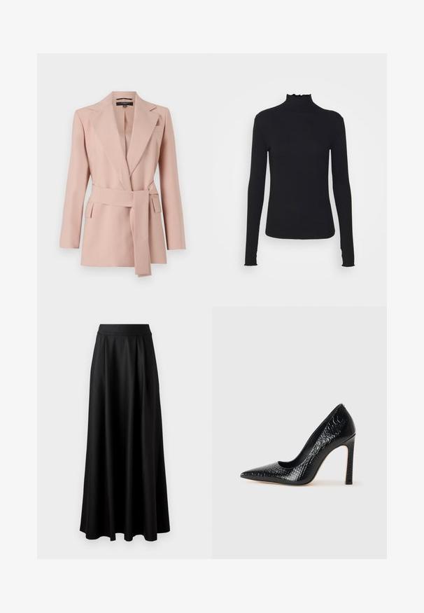 Blush-pink Blazer mit taillierter Passform, Reverskragen, Wickelgürtel und zwei seitlichen Taschen. Hergestellt aus glattem Stoff mit strukturiertem Design.; Schwarz, langärmliges Turtleneck-Oberteil aus glattem Material, mit einem gerafften Kragen und einer enganliegenden Silhouette mit einfachen Kanten.; Schwarzer, bodenlanger Rock mit glatter Textur, weitem Bund und plissiertem Design, ohne sichtbare Muster oder Verzierungen.; Schwarzer, spitz zulaufender High Heel mit Krokodilleder-Struktur, elegantem Design, hohem Stiletto-Absatz und glattem schwarzen Innenraum.