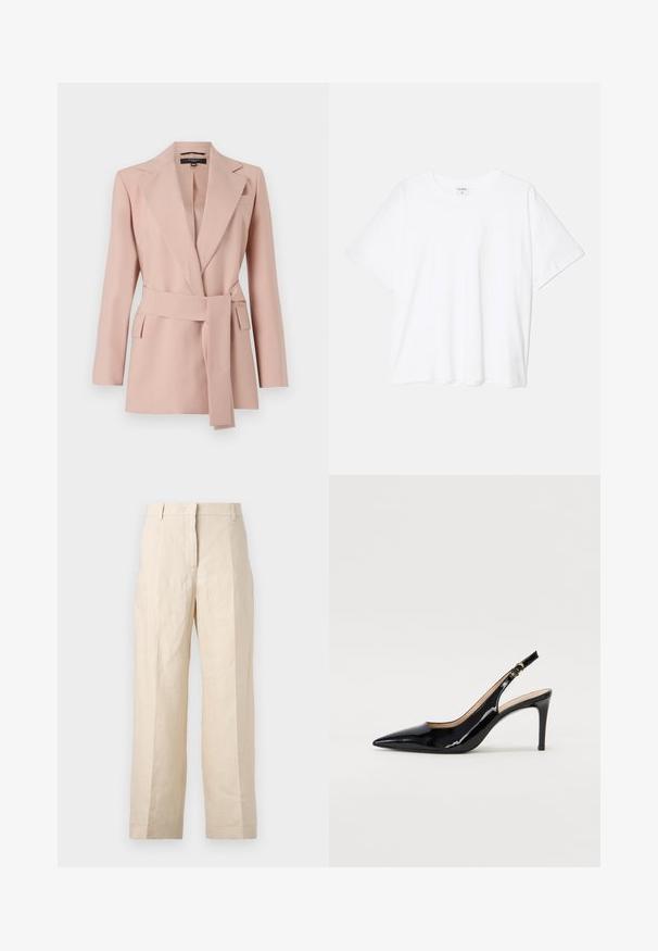 Blazer rosa pallido con una vestibilità su misura, rever a punta, cintura avvolgente e due tasche laterali. Realizzato in un tessuto liscio con un design strutturato.; T-shirt bianco in cotone con maniche corte, scollo rotondo, vestibilità comoda e orlo cucito. Etichetta visibile all'interno del colletto.; Pantaloni di lino beige con una vestibilità ampia, fronte plissettato e gambe dritte. Presentano una vita con passanti per cintura e senza tasche visibili.; Pumps slingback in pelle verniciata nera con punta affilata, tacco sottile e un design con ritagli delicati. Caratterizzate da una fibbia dorata sul cinturino.