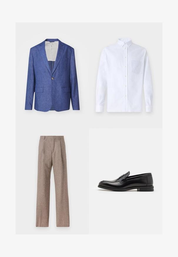 J.LINDEBERG ELTON SUPER - Blézerkabát - blue; Fehér, hosszú ujjú, gombos ing pamutból, mellzsebbel, tónusos hímzéssel, gallérral és gombos mandzsettával.; Barna, magas derekú nadrág texturált anyagból. Széles szárai és két elülső redője biztosítja a struktúrát. Ízléses kivitel, látható fémszerelés nélkül.; Fekete bőr loaferek sima textúrával, kerek orral és dekoratív pánttal a vampnál. Alacsony, rétegelt sarkú, minimalista dizájn.