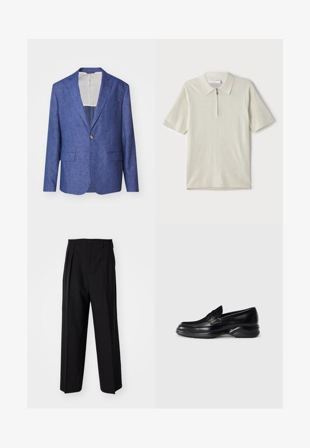 J.LINDEBERG ELTON SUPER - Bleiserjakk - blue; Lühikeste varrukatega polo särk heles beeži värviga, millel on tõmblukk kaeluses. Valmistatud siledast kangast, minimalistlik ja kaasaegne disain ilma mustriteta.; Mustad volditud püksid sirge ja laia säärega disainiga. Valmistatud siledast kangast, millel on nuppudega sulgemine ja vööaasad.; Mustad mustad nahast loafers, millel on madal, tekstureeritud kummitald ja õmmeldud disain peal. Omab ümarat nina ja minimaalset kaunistust.