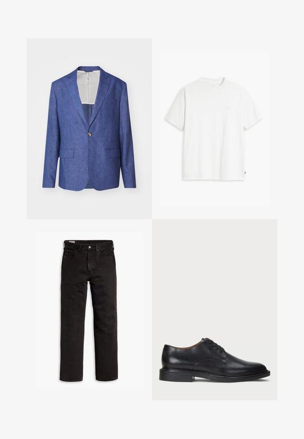 J.LINDEBERG ELTON SUPER - Sako - blue; Bílá bavlněná tričko s krátkými rukávy, klasickým výstřihem a decentním logem Levi's vytištěným uprostřed. Měkká textura a standardní střih.; Černé džíny rovného střihu s pěti kapsami, zapínáním na knoflík a poutky na opasek, položené na bílém pozadí.; Černé kožené společenské boty s kulatou špičkou, šněrováním a nízkým podpatkem. Hladký povrch s minimálním šitím.