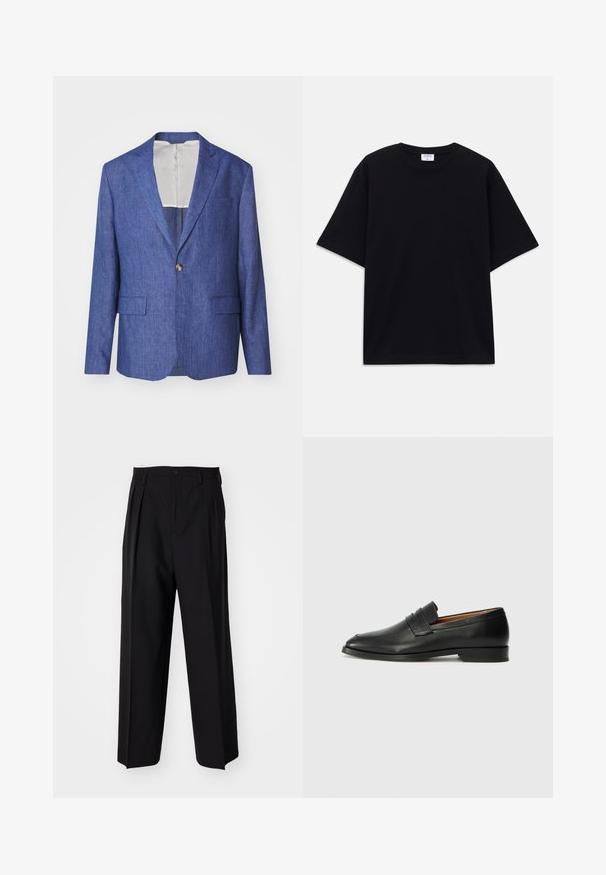 J.LINDEBERG ELTON SUPER - Blazer - blue; Zwarte oversized T-shirt met korte mouwen en ronde hals, met zichtbaar Filippa K merkelabel aan de binnenkant van de kraag.; Zwarte geplooide broeken met een rechte, brede pijpontwerp. Gemaakt van soepele stof, met een knoopsluiting en riemlussen.; Zwarte leren instapper met een ronde neus, subtiele stikdetails en een lage hak, met een gladde textuur en een minimalistisch ontwerp.