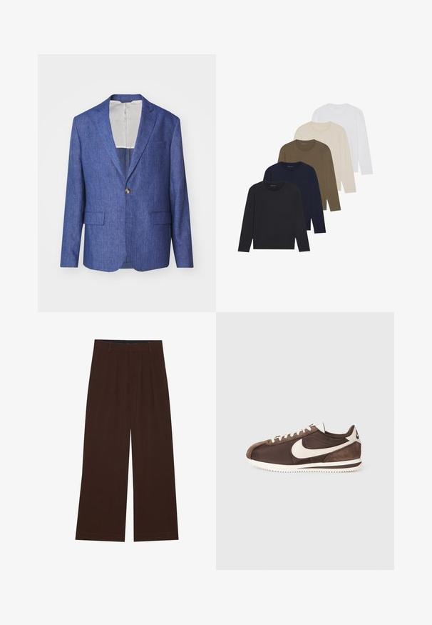 J.LINDEBERG ELTON SUPER - Blazer jacket - blue; Five long-sleeve shirts in a gradient of colors: dark navy, navy, olive green, beige, and white. Each has a round neck and a smooth texture.; Brown wide-leg trousers with pleats. Made of a smooth fabric, featuring a tailored waistband and side pockets. Flat hem at the bottom.; Brown sneaker featuring a mix of suede and canvas materials, with a white Nike swoosh logo and a textured rubber outsole.