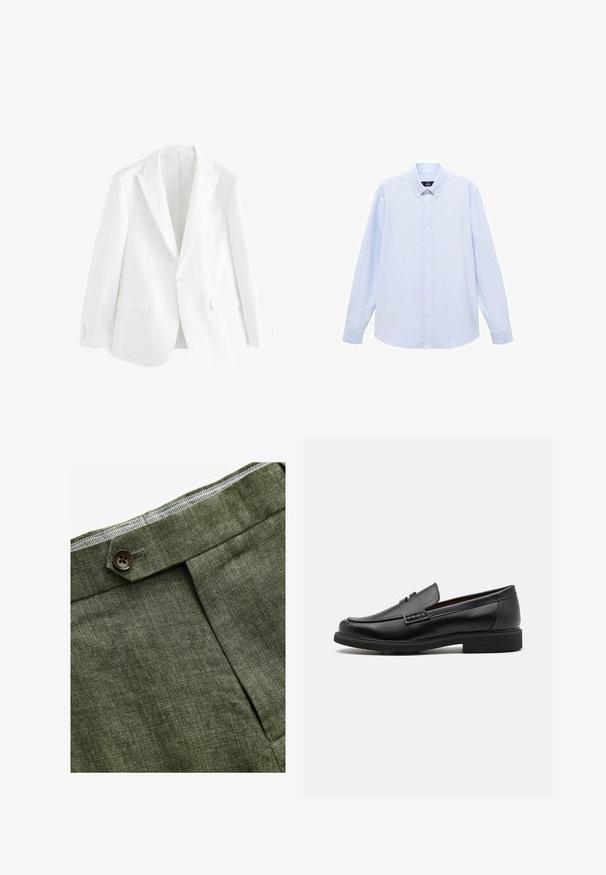 Witte op maat gemaakte blazer met één enkele knoop aan de voorkant, gelapte revers en twee voorkruiszakken. Glad materiaal met een strakke, minimalistische uitstraling.; Lichtblauwe overhemd met lange mouwen, knoopsluiting en een klassieke kraag, met een rechte zoom en een subtiele textuur. Voorzien van een centrale knoopsluiting.; Olijf groene linnen broek met een voorplooi, voorzien van een knoopsluiting en een contrasterende geruite voering bij de tailleband.; Zwarte synthetische loafers met een opvallende gestikte voorkant, gevoerde binnenzool en platte rubberen buitenzool; slank ontwerp met minimale details.