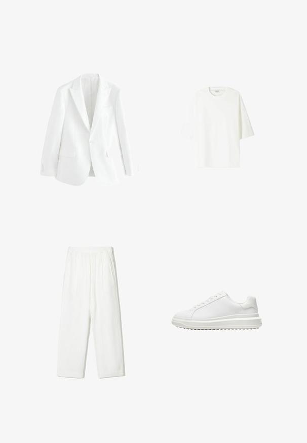 Blazer blanc ajusté avec un bouton frontal unique, revers crantés et deux poches avant. Tissu lisse avec un design épuré et minimaliste.; T-shirt blanc à manches courtes en coton, avec un col rond et une coupe décontractée avec une ligne d'ourlet droite.; Pantalons blancs à jambes larges en tissu texturé. Dotés d'une taille élastique et de deux poches latérales. Design décontracté et coupe ample.; Baskets blanches avec une tige synthétique lisse, bout rond, lacets plats, semelle texturée et un design à plateforme superposée pour plus de hauteur.