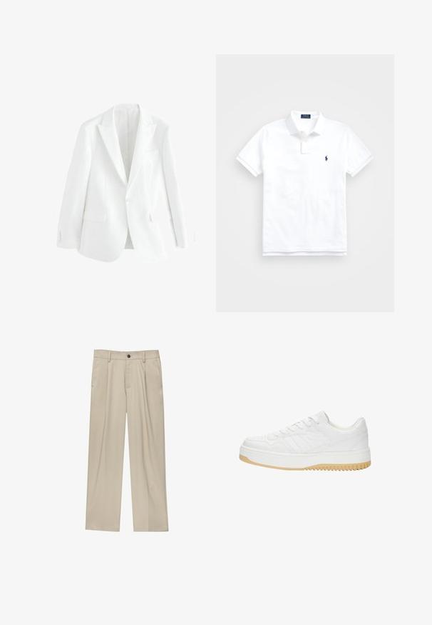 Blazer blanc ajusté avec un bouton frontal unique, revers crantés et deux poches avant. Tissu lisse avec un design épuré et minimaliste.; Polo shirt blanc en coton, avec un col classique, des manches courtes et un petit logo marine sur la poitrine gauche. Patte de boutonnage à deux boutons.; Pantalon beige à coupe droite, doté d'un seul bouton noir, de passants de ceinture et de poches latérales. Texture de tissu lisse et design minimaliste.; Baskets blanches en cuir avec une finition texturée, dotées d'une semelle en caoutchouc, d'un design à lacets et de accents de rayures subtils sur les côtés.
