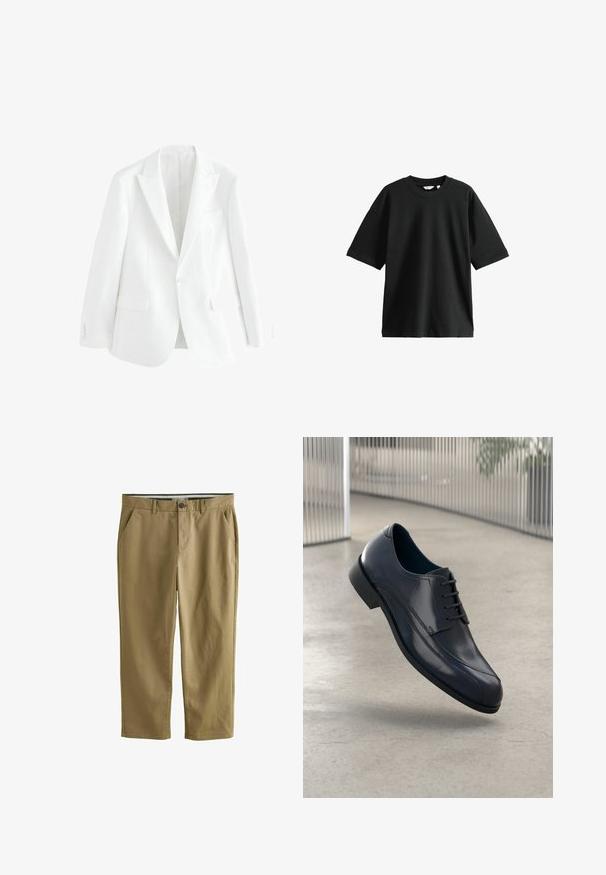 Blazer blanco ajustado con un solo botón frontal, solapas muesca y dos bolsillos delanteros. Tejido suave con un diseño limpio y minimalista.; Camiseta negra de manga corta hecha de algodón, con cuello redondo y un corte holgado, con una textura suave y un diseño minimalista.; Chinos caqui fabricados en mezcla de algodón, con dos bolsillos laterales, cierre de botón, piernas rectas y una textura suave.; Zapato de vestir de cuero negro brillante con cordones, flotando sobre un suelo liso de color gris claro y con barras metálicas verticales en el fondo.