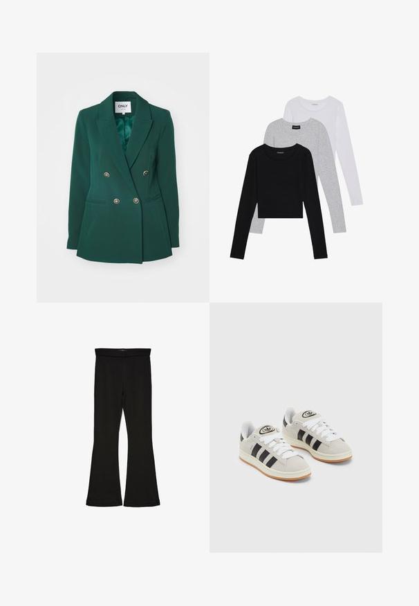 Zelený dvouřadý blazer s klopami, kovovými knoflíky a bočními kapsami, vyrobený z hladké tkaniny s přiléhavým střihem.; Tři trička s dlouhým rukávem naskládaná na sobě: černé, šedé a bílé. Každé má kulatý výstřih a kratší střih z hladkého, lehkého materiálu.; Černé legíny s rozšířením vyrobené z elastického materiálu. Mají široký pás a hladkou strukturu, s přiléhavým střihem, který se na lemu rozšiřuje.; Šedé semišové tenisky s bílými tkaničkami, černými pruhy a bílou gumovou podrážkou. Mají kulaté logo na jazyku a gumovou podrážku.