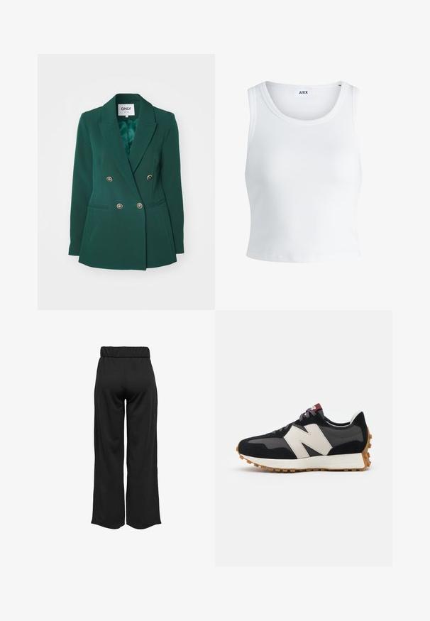 Grønn dobbelspent blazer med spisse rever, metallknapper og sidelommer, laget av et glatt stoff med en skreddersydd passform.; Hvit ribbestrikket tank topp med rund hals, uten ermer og croppe lengde. Merket leser "JJXX." Glatt stoff tekstur.; Svarte, vide bukser med elastisk midje, laget av glatt stoff. Har et rent design uten lommer eller synlige sømmer.; Sorte og grå sued sneakers med et stort cremefarvet "N" logo, lilla snørebånd og en tekstureret gummisål.