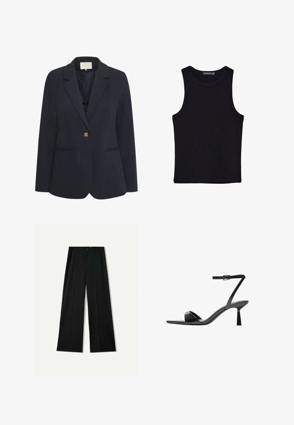 Marineblazer mit Reverskragen, einem Knopfverschluss, zwei Fronttaschen und einer glatten Textur. Futter im Inneren.; Schwarzes Tanktop aus Baumwolle mit rundem Halsausschnitt und weiten Armöffnungen. Glatte Textur mit genähten Säumen. Klassisches, minimalistisches Design.; Bershka WIDE - Stoffhose - black; Bershka High Heel Sandalette - black