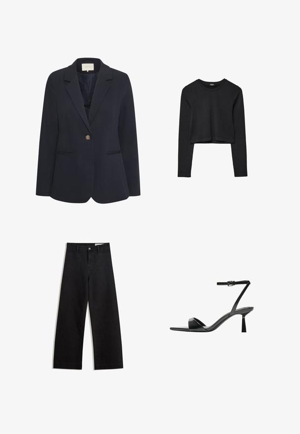 Blazer blu navy con colletto a punte, chiusura a singolo bottone, due tasche frontali e una texture liscia. Interno foderato.; Top cropped nero a maniche lunghe con scollatura tonda, design semplice e orlo leggermente curvo.; Pantaloni in denim neri a gamba larga con vita alta, dotati di tasche anteriori e posteriori, cuciture a punto, e chiusura con bottone. Texture liscia.; Bershka Sandali con tacco - black